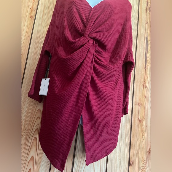 1.STATE New Women's V-Neck Waffle Weave Sweater 3/4 sleeves Maroon Size S Hi-Lo - Picture 7 of 10